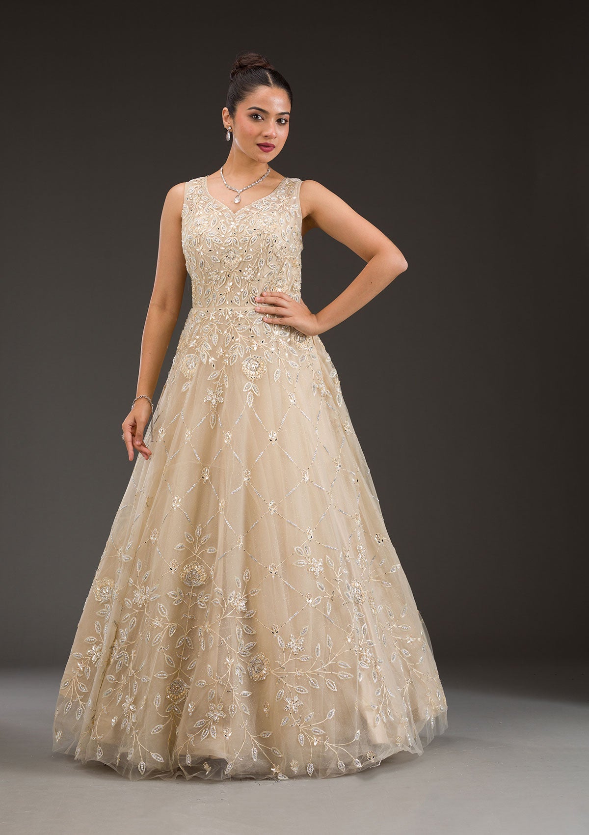 Beige Stonework Net Gown-Koskii