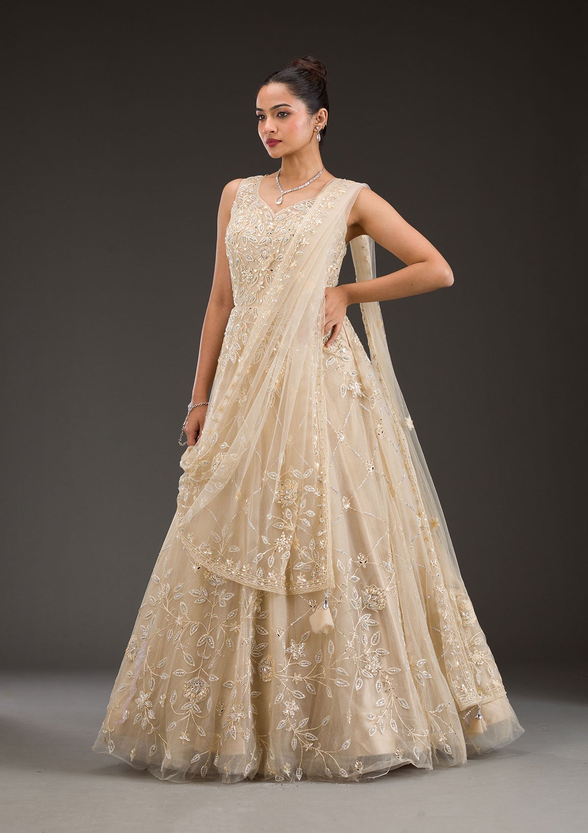 Beige Stonework Net Gown-Koskii