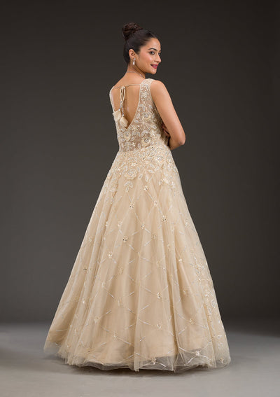 Beige Stonework Net Gown-Koskii