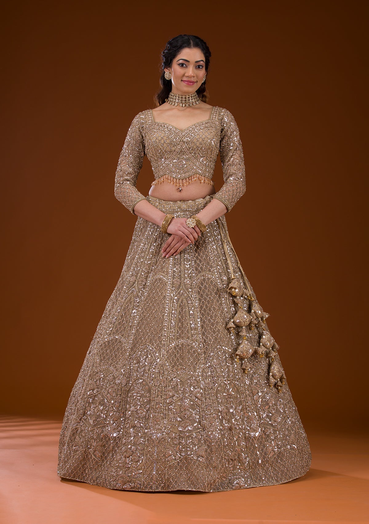 Beige Stonework Net Readymade Lehenga-Koskii