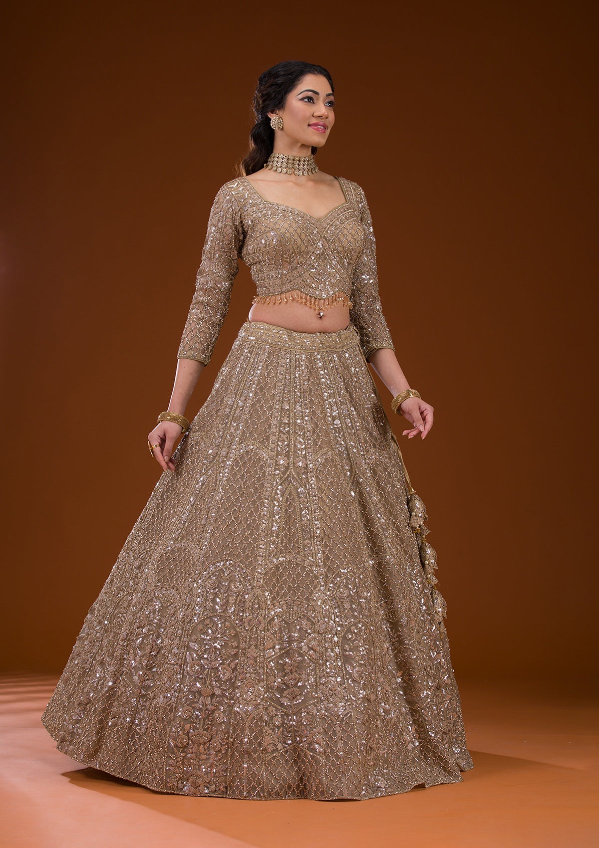 Beige Stonework Net Readymade Lehenga-Koskii