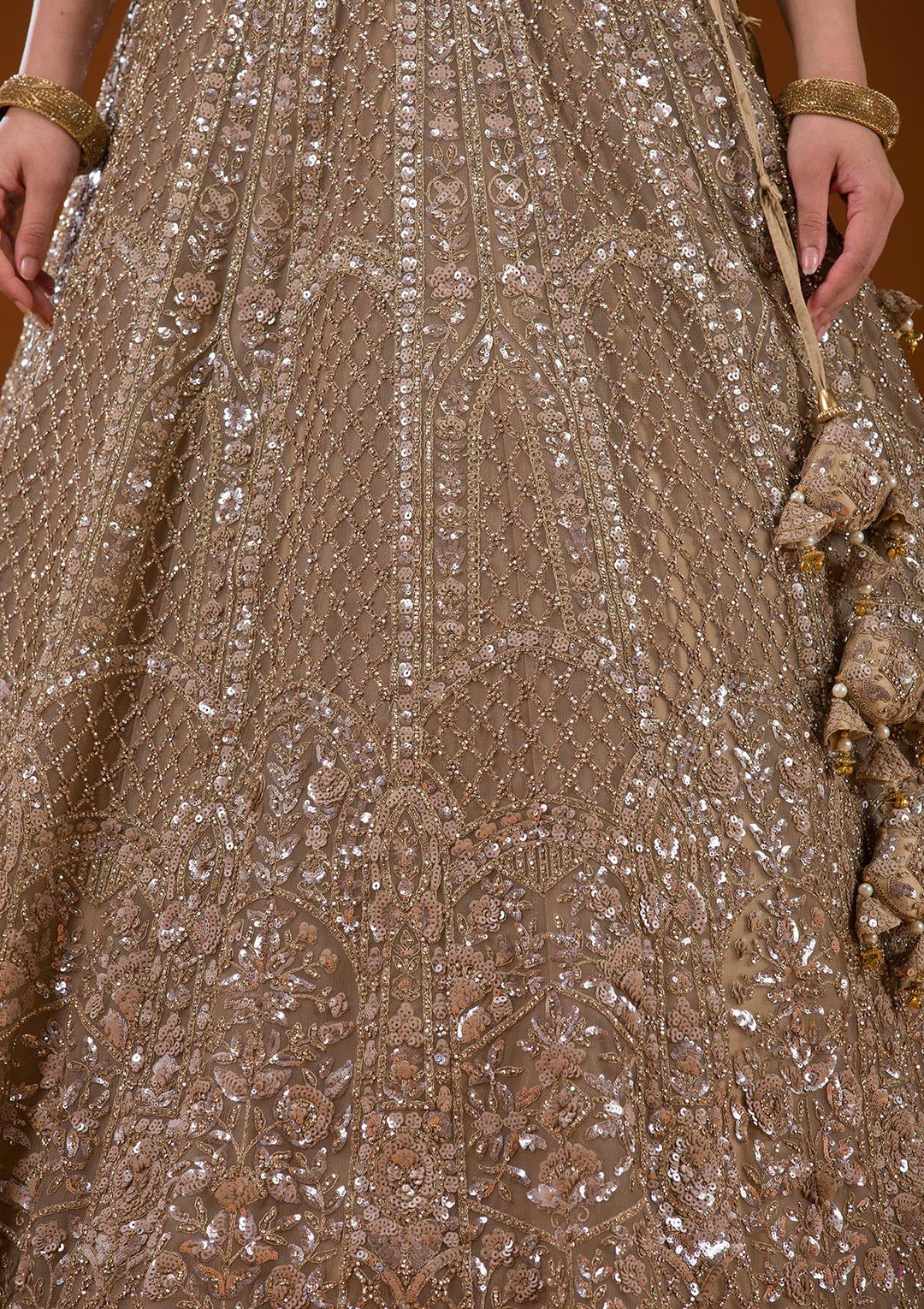 Beige Stonework Net Readymade Lehenga-Koskii