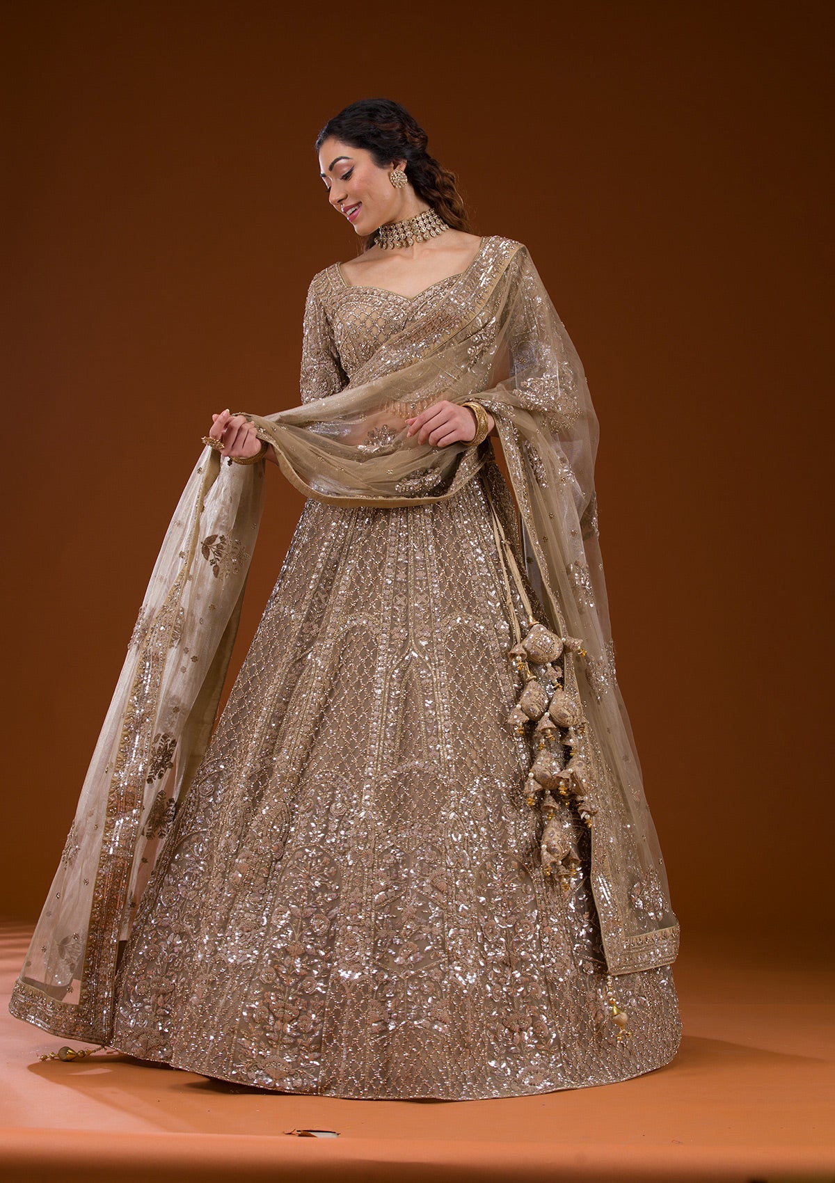 Beige Stonework Net Readymade Lehenga-Koskii