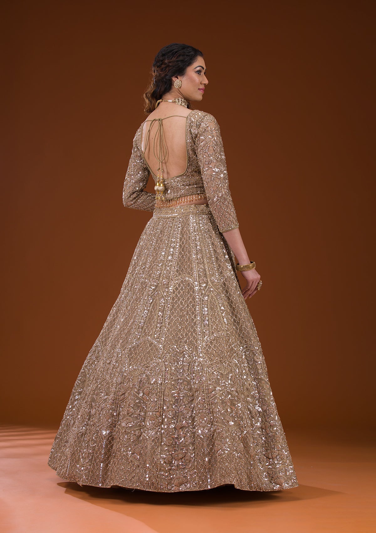 Beige Stonework Net Readymade Lehenga-Koskii