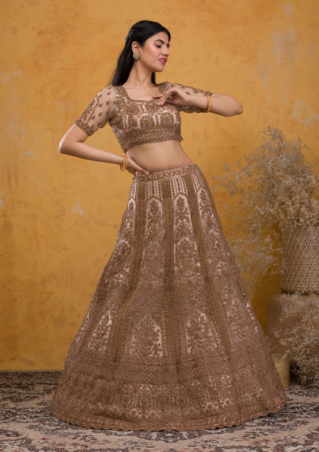 Beige Stonework Net Readymade Lehenga-Koskii