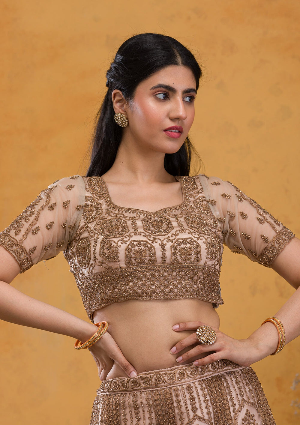 Beige Stonework Net Readymade Lehenga-Koskii