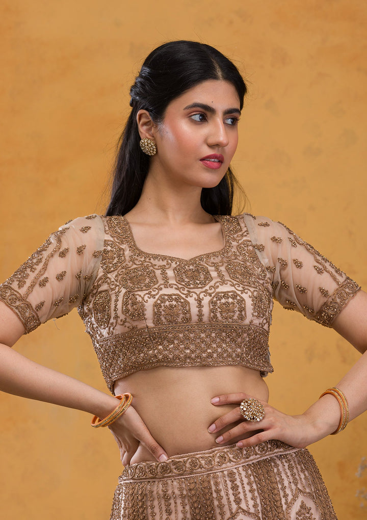 Beige Stonework Net Readymade Lehenga-Koskii