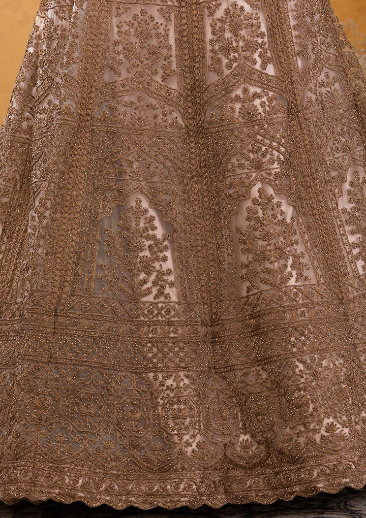 Beige Stonework Net Readymade Lehenga-Koskii