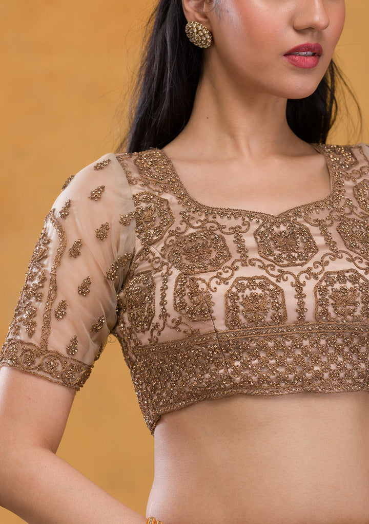 Beige Stonework Net Readymade Lehenga-Koskii