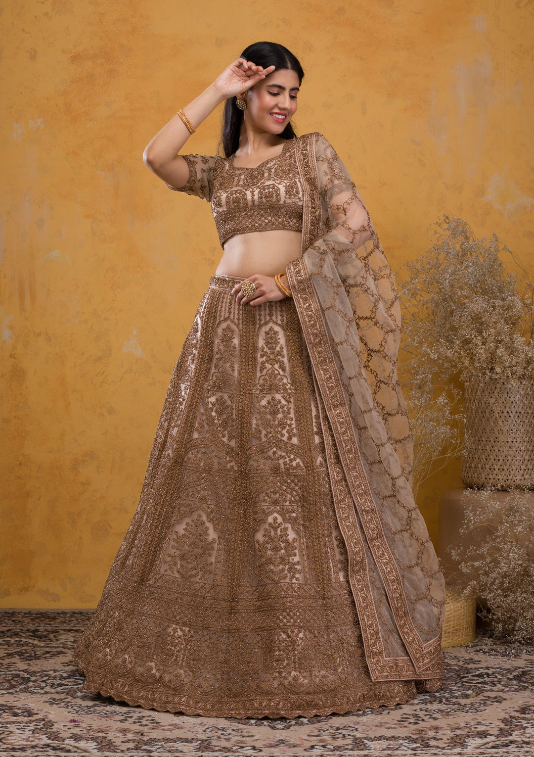 Beige Stonework Net Readymade Lehenga-Koskii
