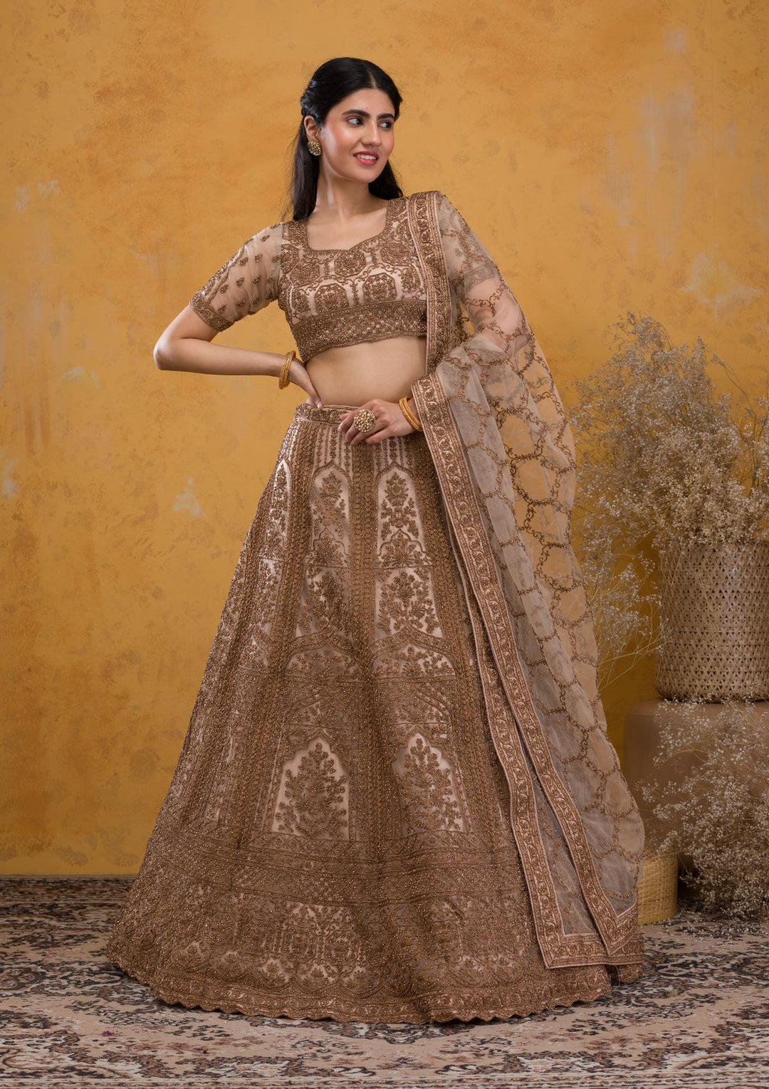 Beige Stonework Net Readymade Lehenga-Koskii