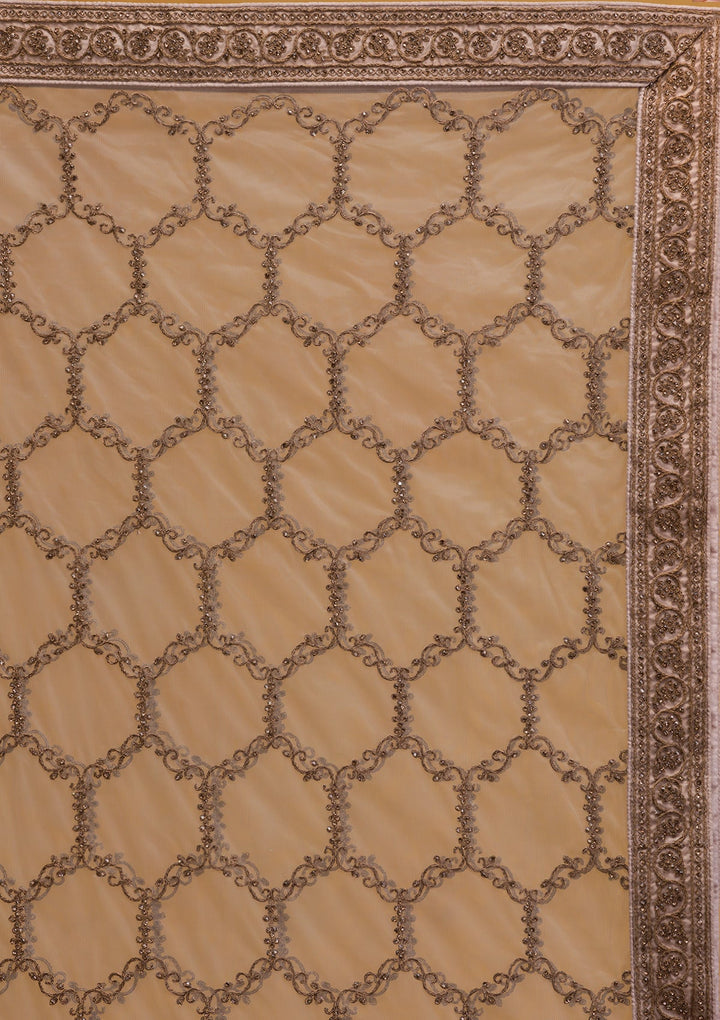 Beige Stonework Net Readymade Lehenga-Koskii
