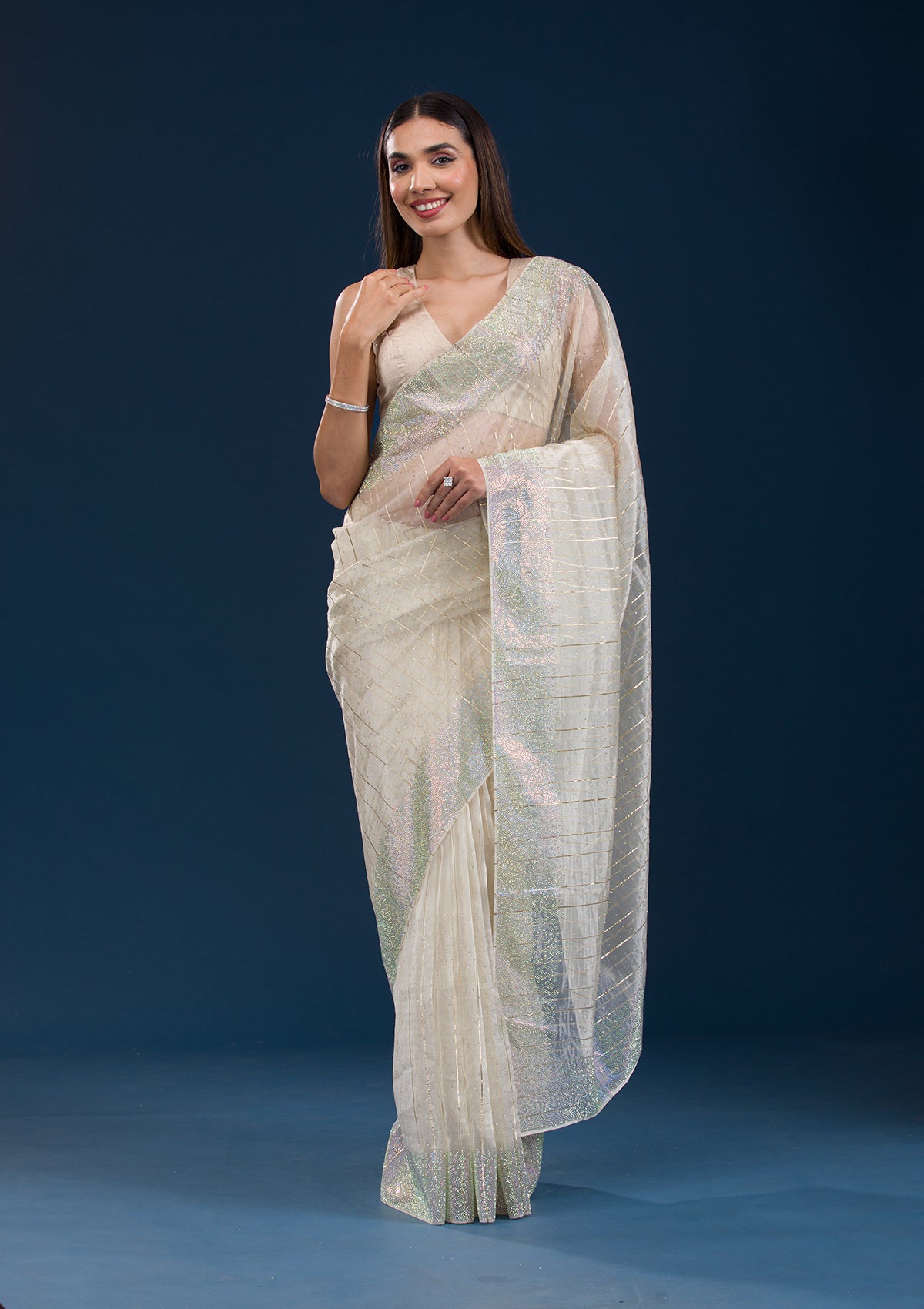 Beige Stonework Tissue Saree-Koskii