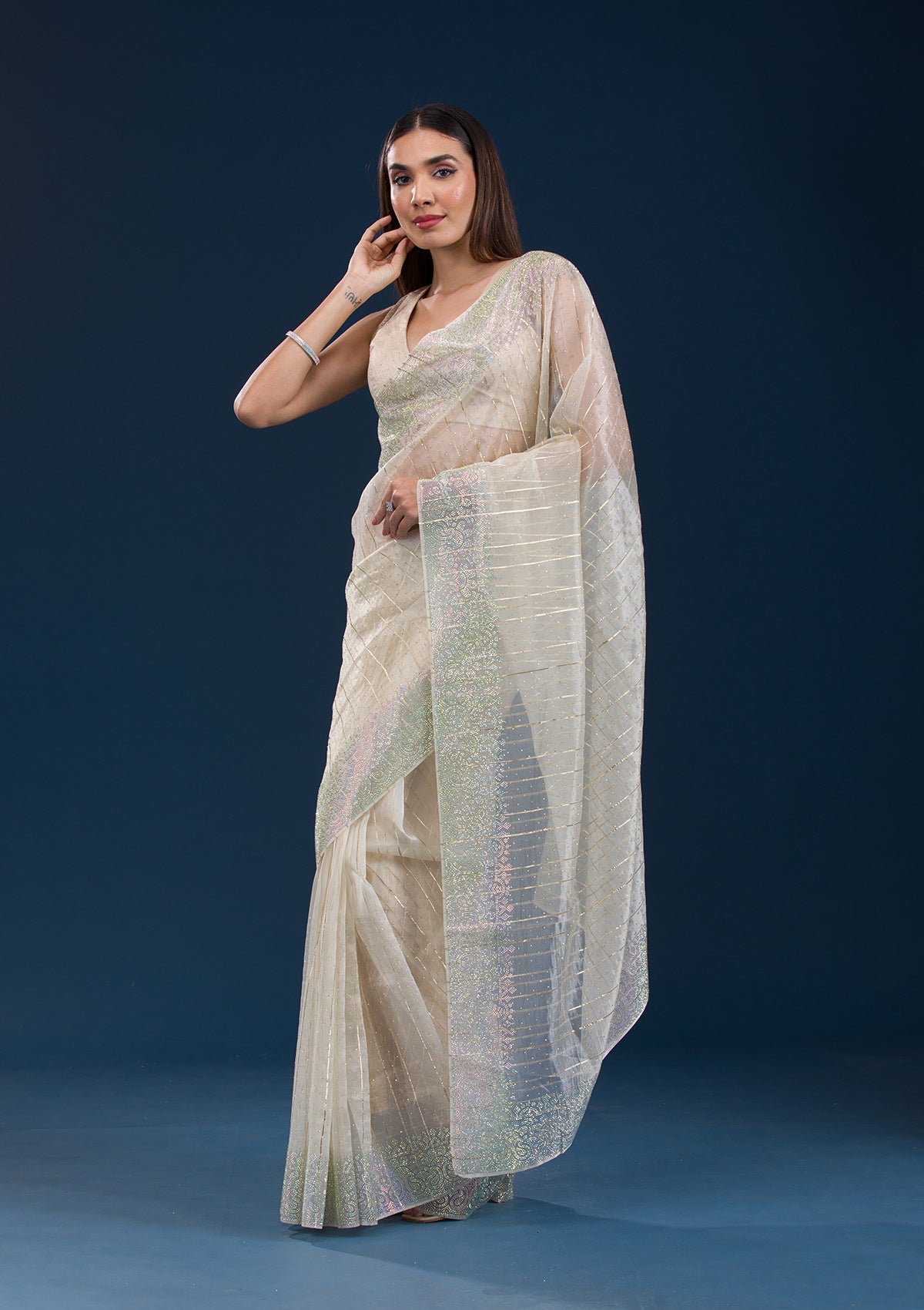 Beige Stonework Tissue Saree-Koskii