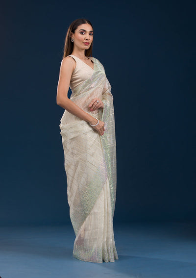 Beige Stonework Tissue Saree-Koskii