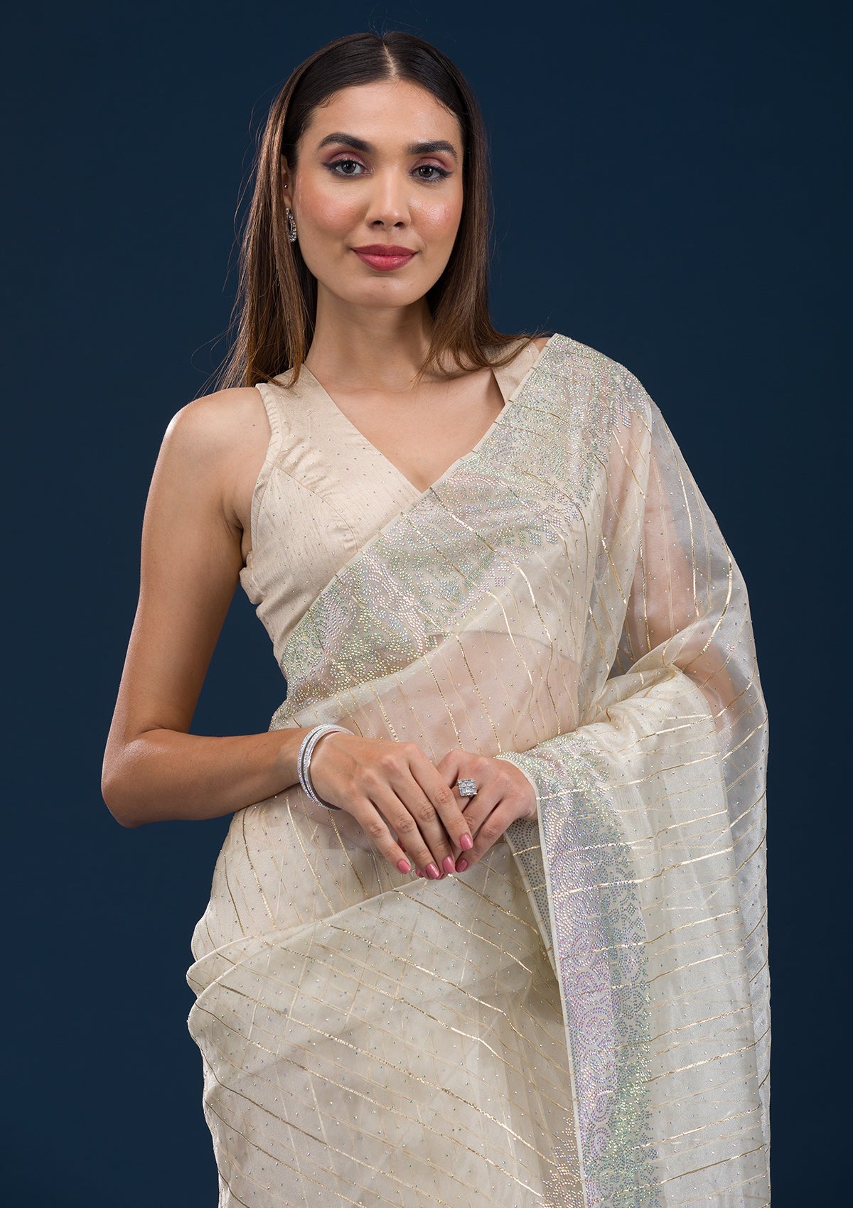 Beige Stonework Tissue Saree-Koskii