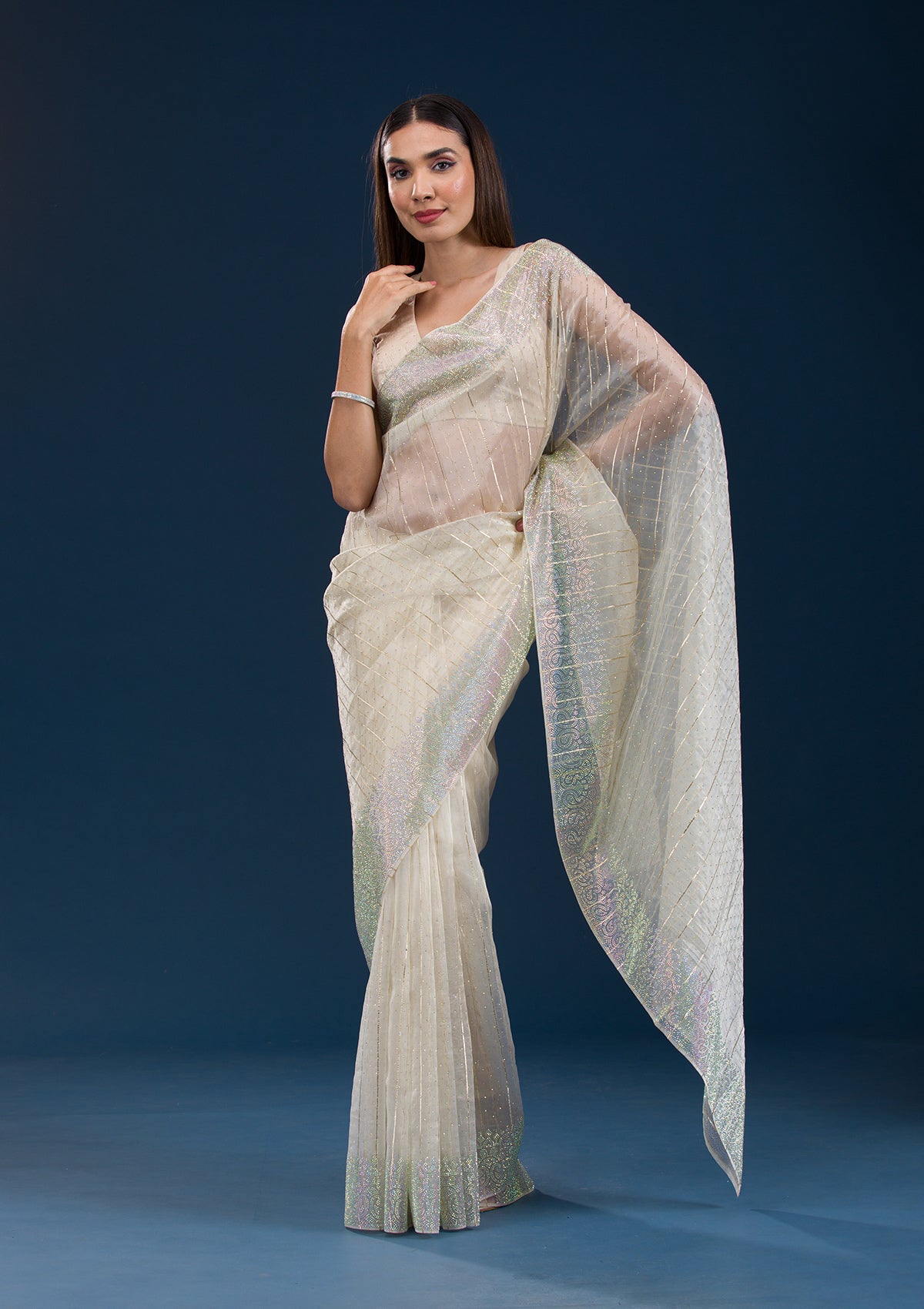 Beige Stonework Tissue Saree-Koskii