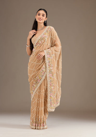 Beige Stonework Tissue Saree-Koskii