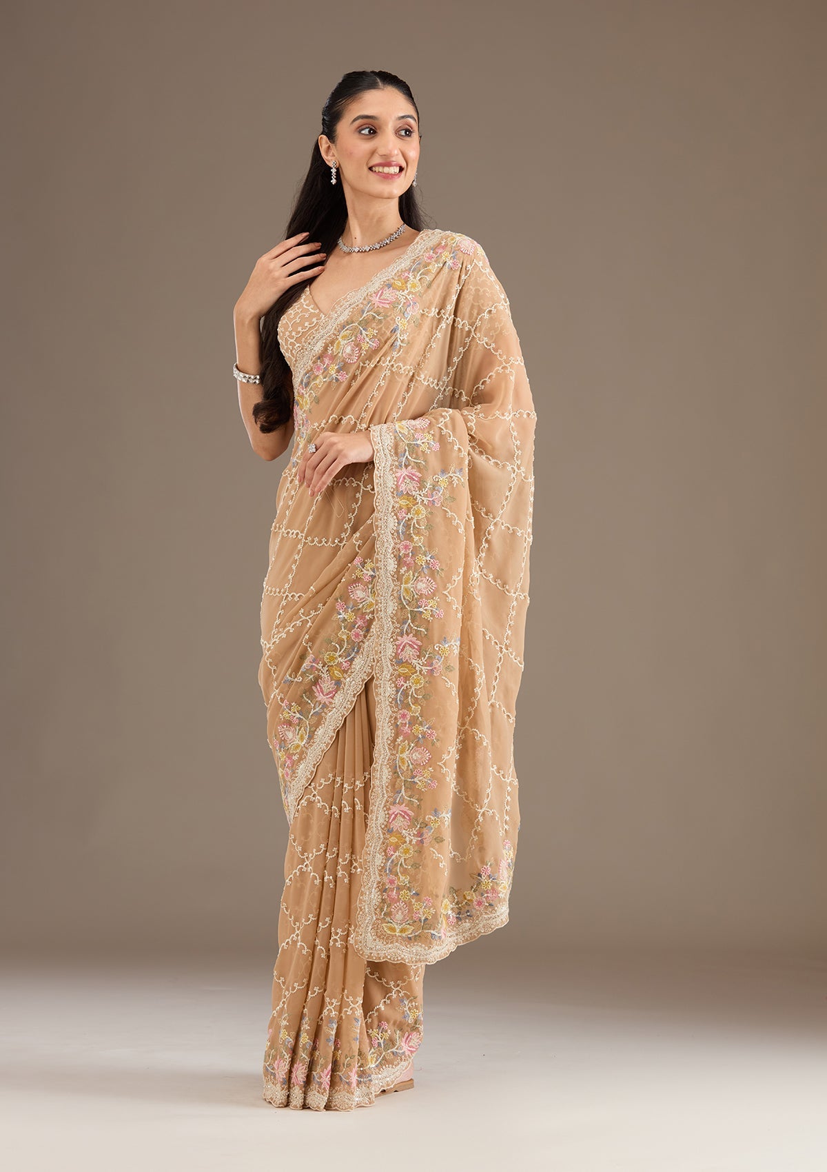 Beige Stonework Tissue Saree-Koskii