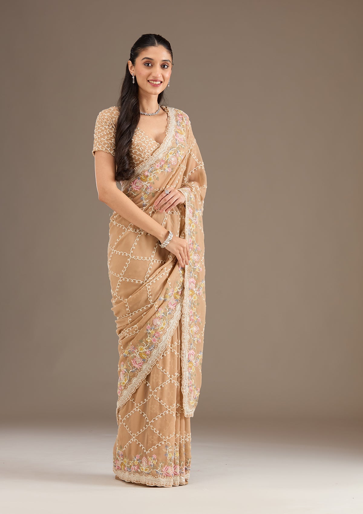 Beige Stonework Tissue Saree-Koskii