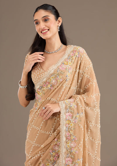 Beige Stonework Tissue Saree-Koskii