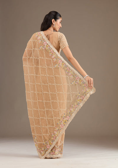 Beige Stonework Tissue Saree-Koskii