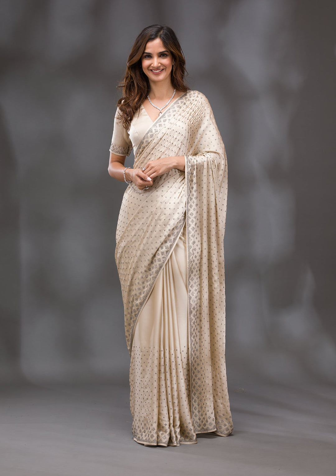 Beige Swarovski Crepe Saree-Koskii