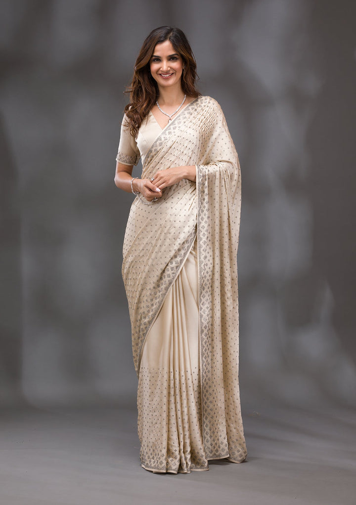 Beige Swarovski Crepe Saree-Koskii