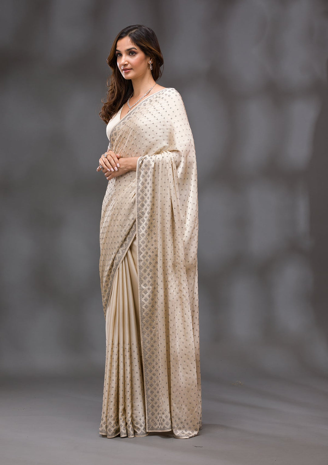 Beige Swarovski Crepe Saree-Koskii