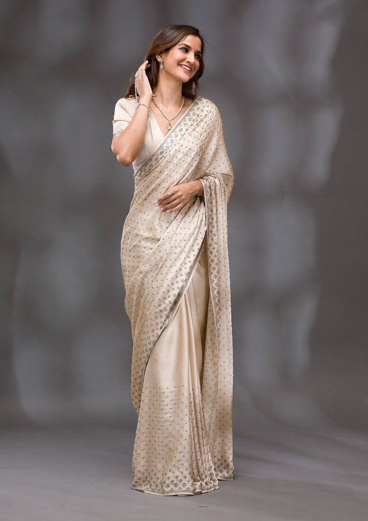 Beige Swarovski Crepe Saree-Koskii