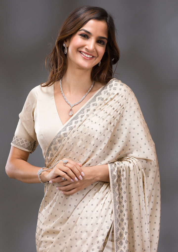 Beige Swarovski Crepe Saree-Koskii