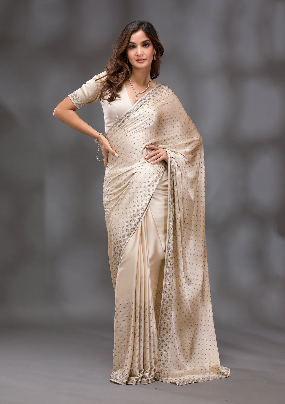 Beige Swarovski Crepe Saree-Koskii