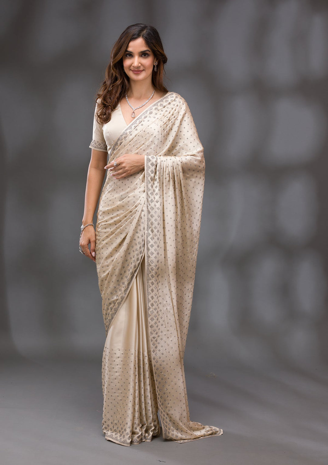 Beige Swarovski Crepe Saree-Koskii