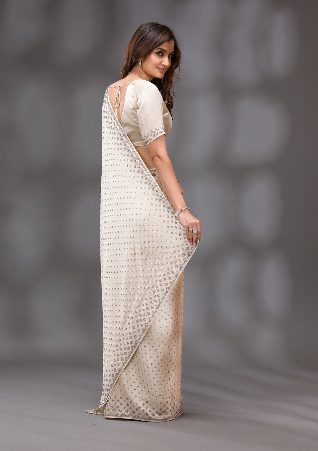 Beige Swarovski Crepe Saree-Koskii