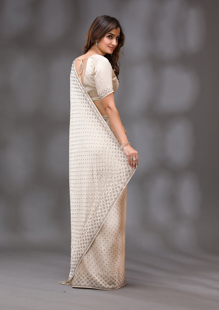 Beige Swarovski Crepe Saree-Koskii