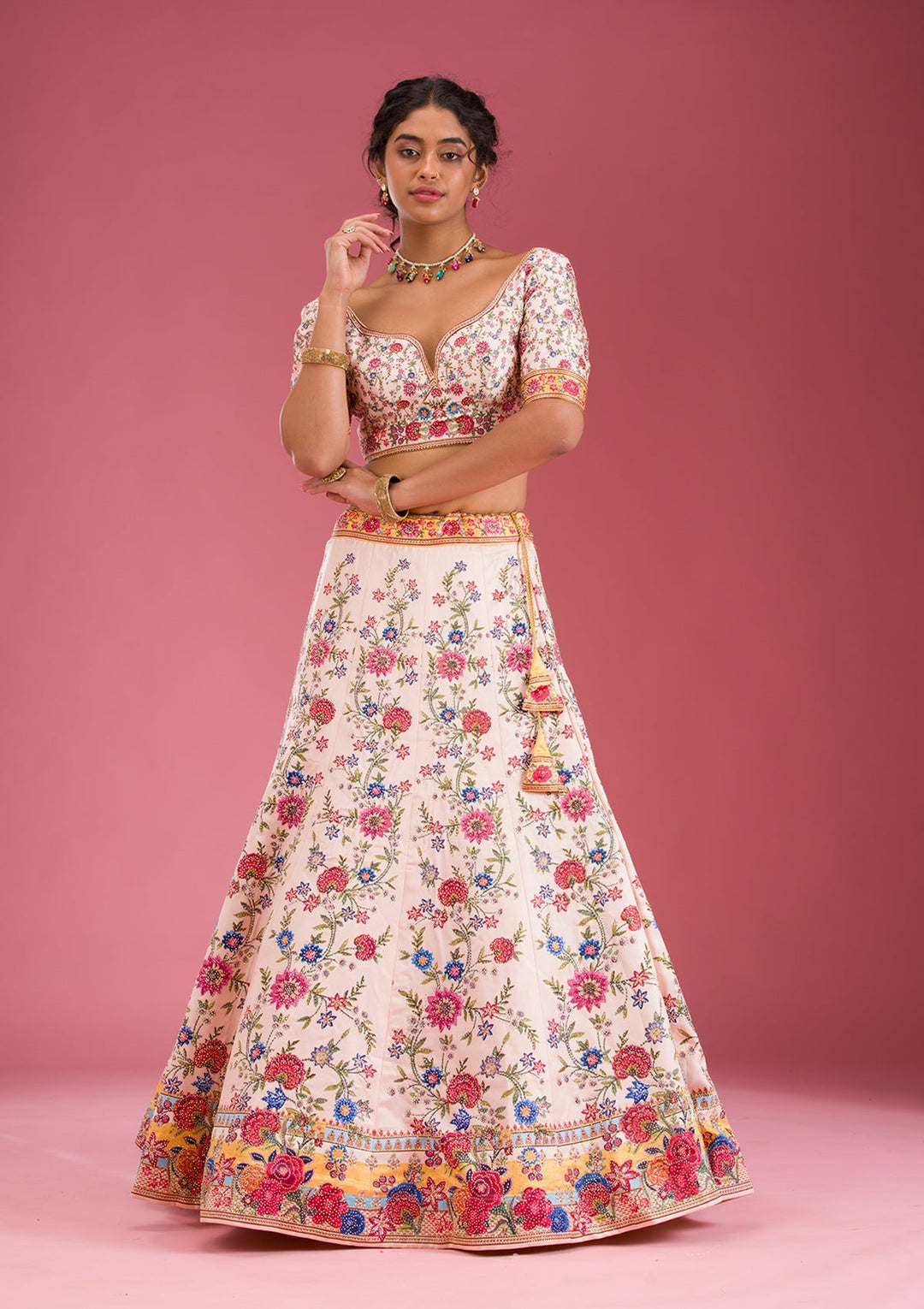 Beige Swarovski Raw Silk Readymade Lehenga-Koskii