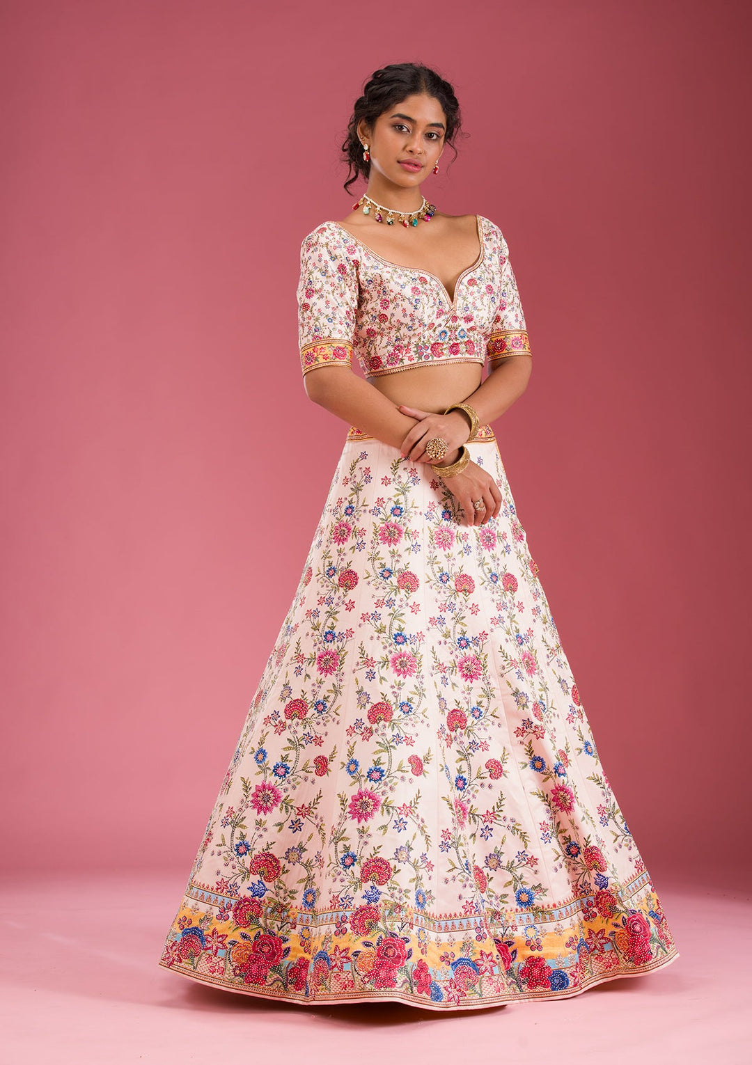 Beige Swarovski Raw Silk Readymade Lehenga-Koskii