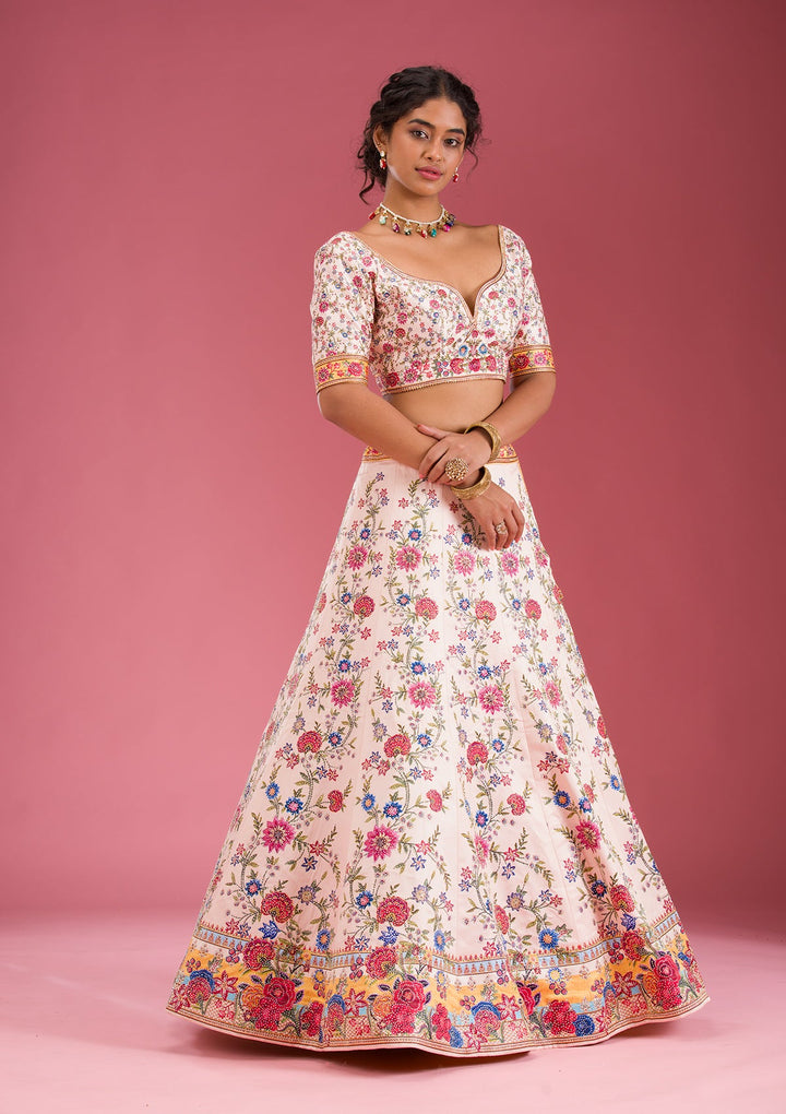 Beige Swarovski Raw Silk Readymade Lehenga-Koskii