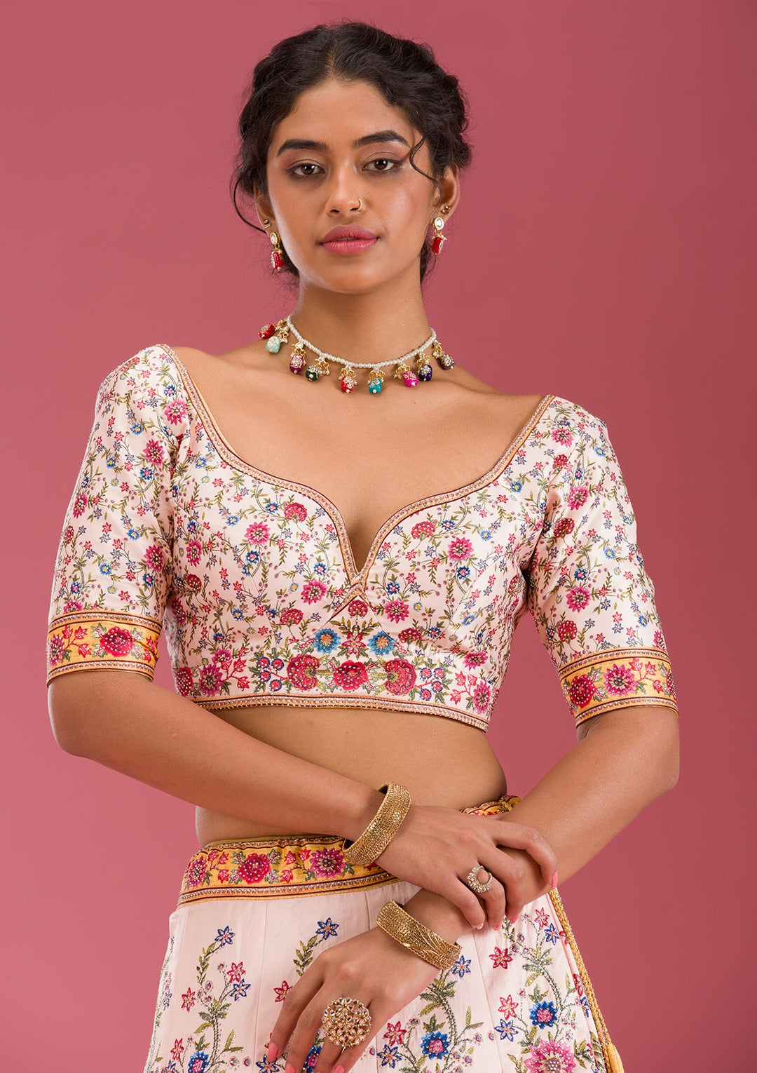 Beige Swarovski Raw Silk Readymade Lehenga-Koskii