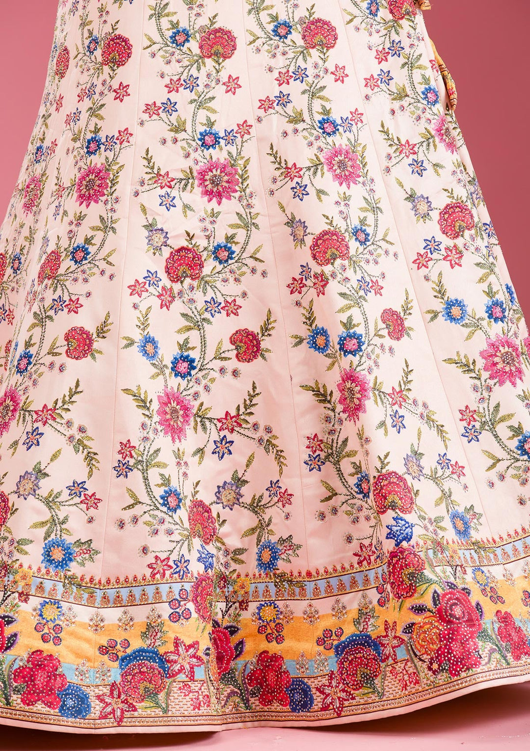 Beige Swarovski Raw Silk Readymade Lehenga-Koskii