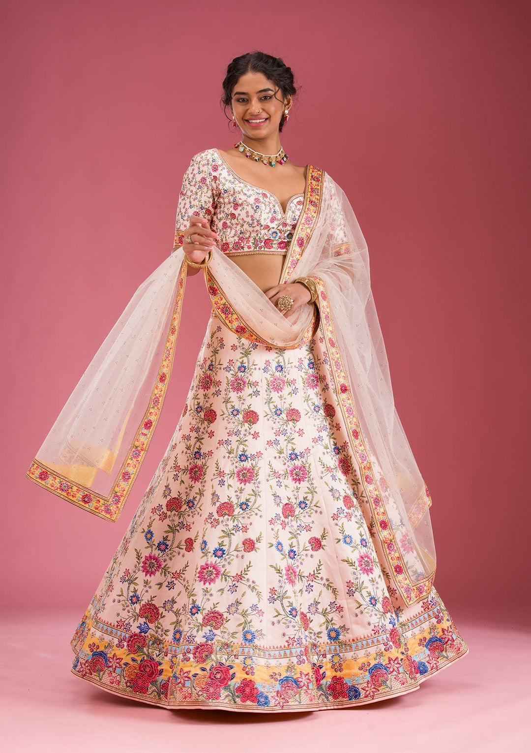 Beige Swarovski Raw Silk Readymade Lehenga-Koskii