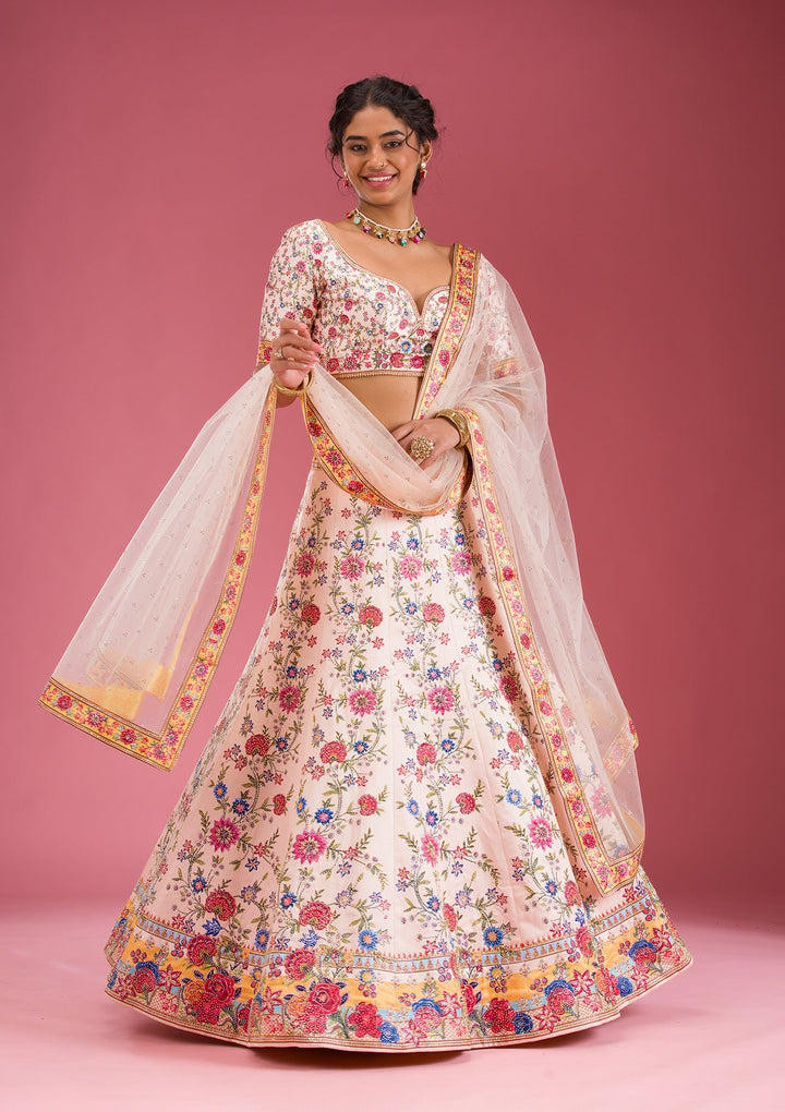 Beige Swarovski Raw Silk Readymade Lehenga-Koskii