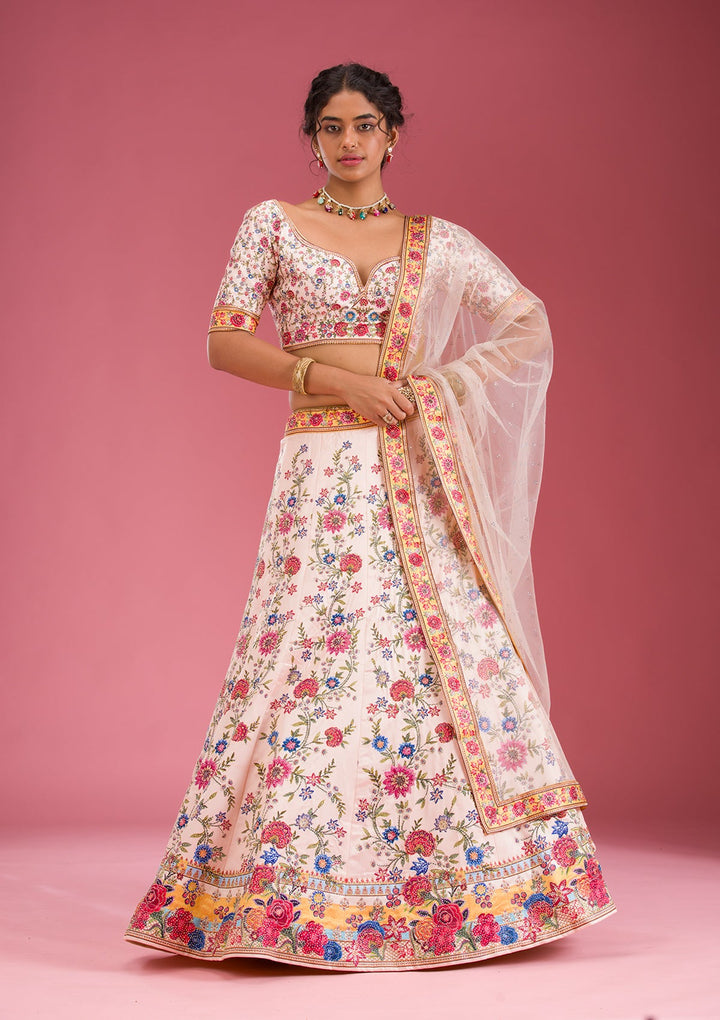 Beige Swarovski Raw Silk Readymade Lehenga-Koskii