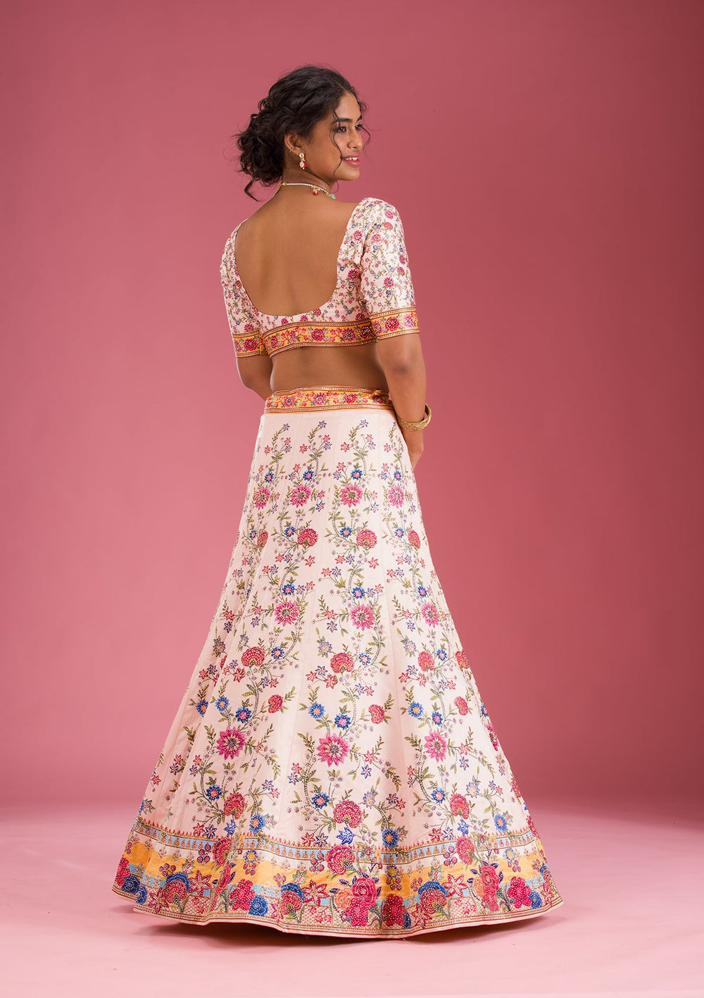 Beige Swarovski Raw Silk Readymade Lehenga-Koskii