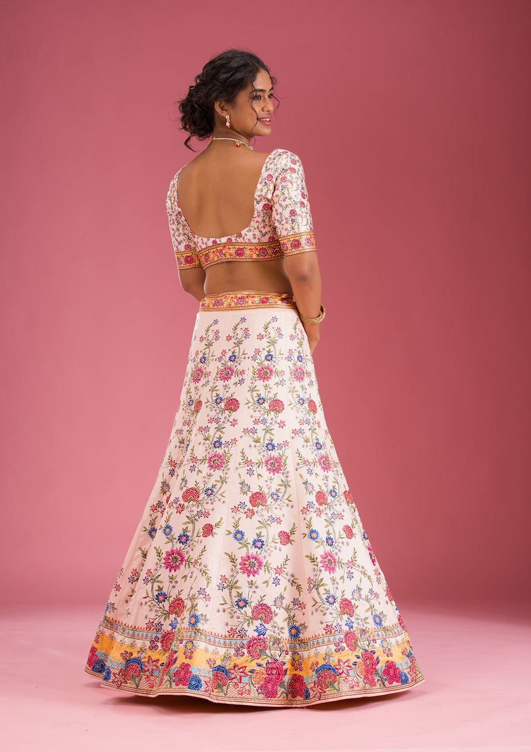 Beige Swarovski Raw Silk Readymade Lehenga-Koskii