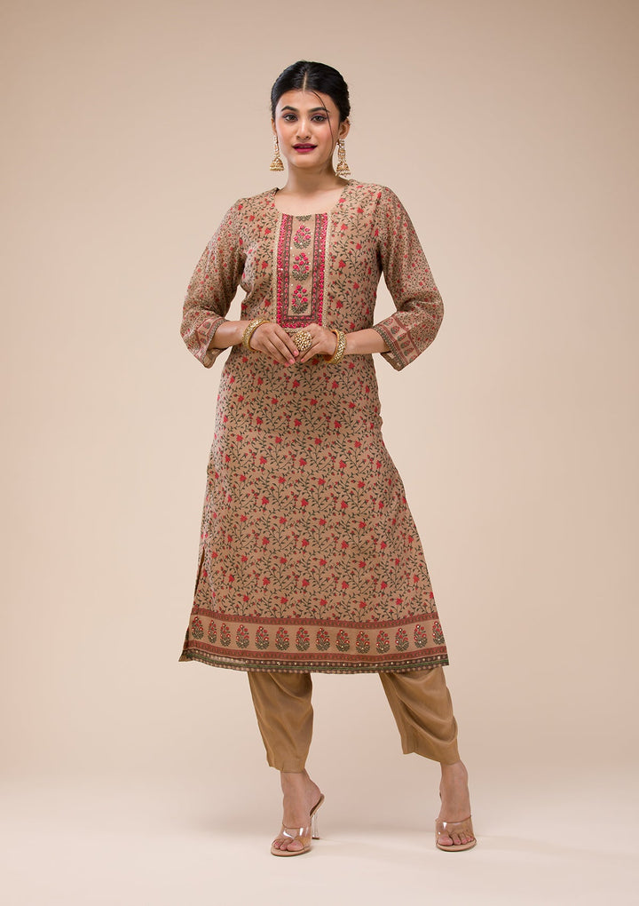 Beige Threadwork Chanderi Readymade Salwar Suit-Koskii