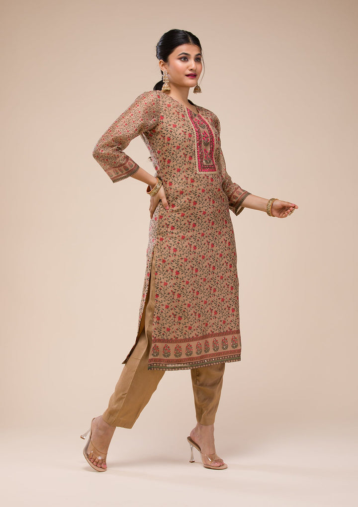 Beige Threadwork Chanderi Readymade Salwar Suit-Koskii