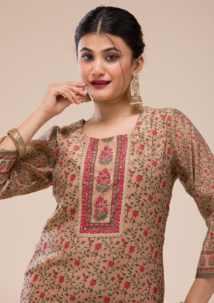 Beige Threadwork Chanderi Readymade Salwar Suit-Koskii