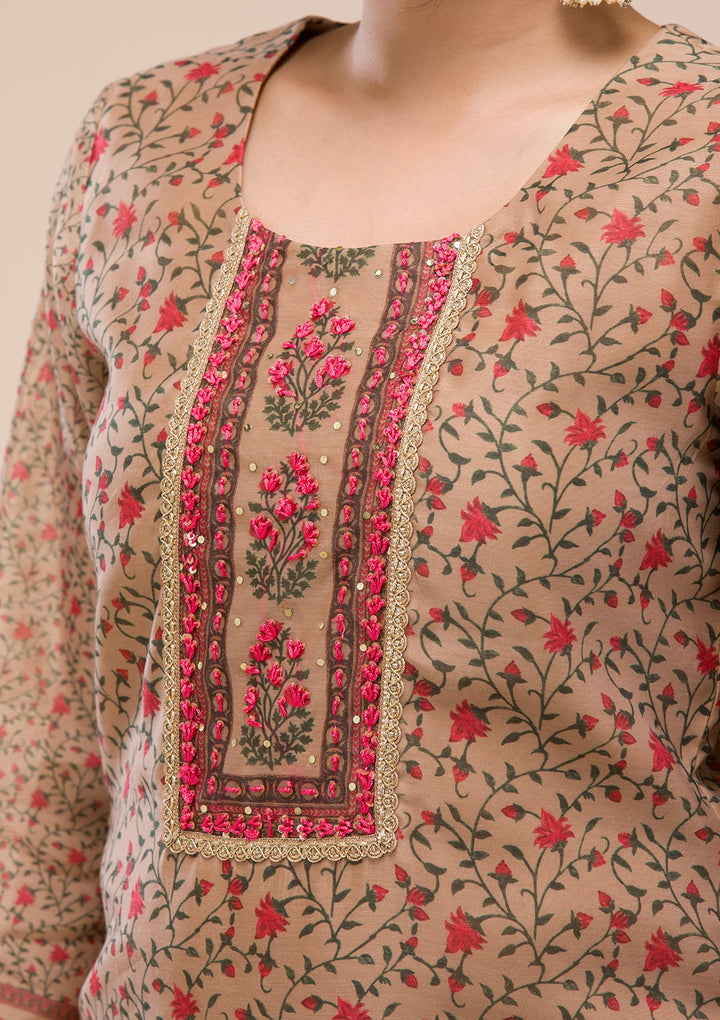 Beige Threadwork Chanderi Readymade Salwar Suit-Koskii