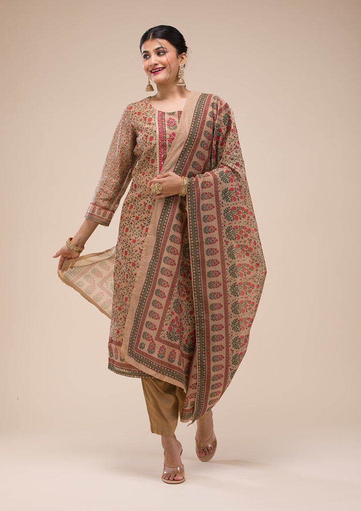 Beige Threadwork Chanderi Readymade Salwar Suit-Koskii